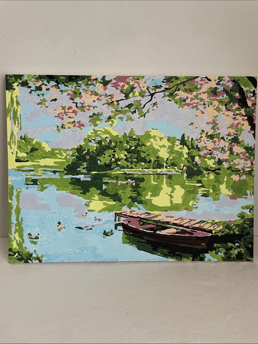 Paint-by-Number Lake Scene Canvas Painting with Rowboat and Blossoms